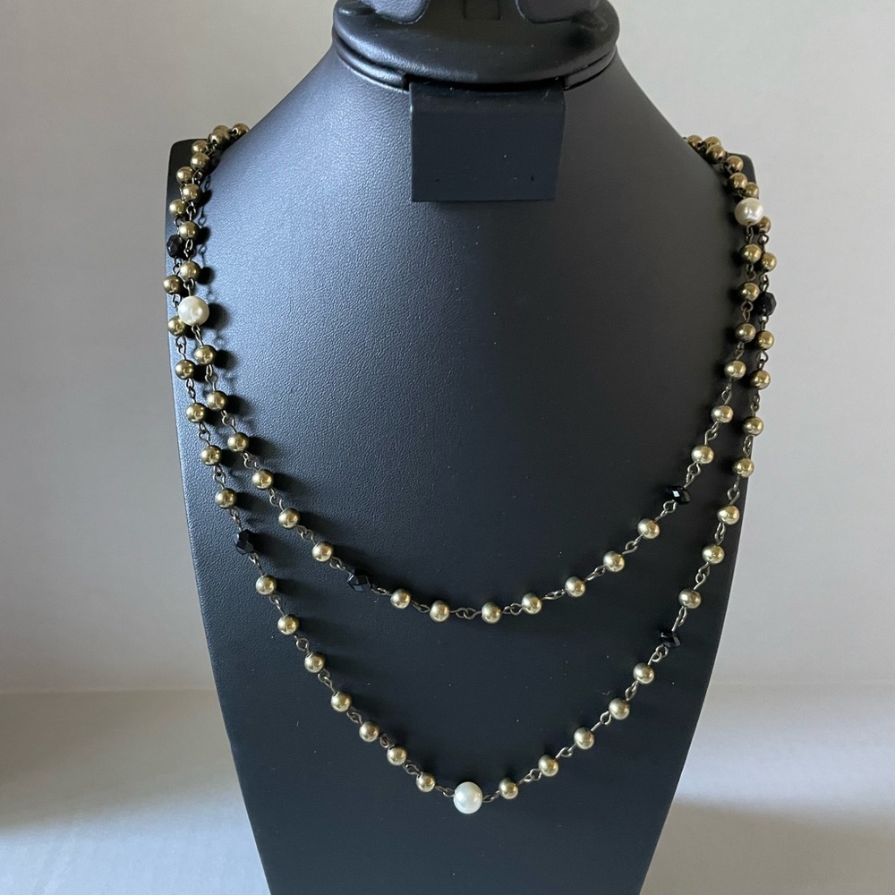 Double strands black, gold tone, white faux pearl lobster clasp necklace